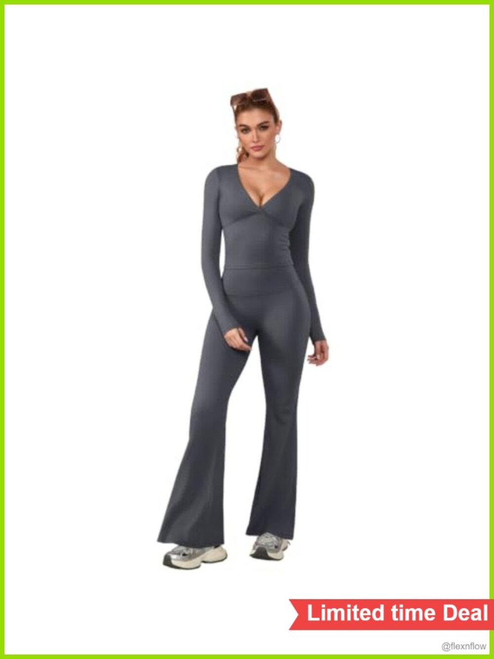 Women's 2 Piece Lounge Set Deep V-Neck Long Sleeve Crop Top & Flare Leggings